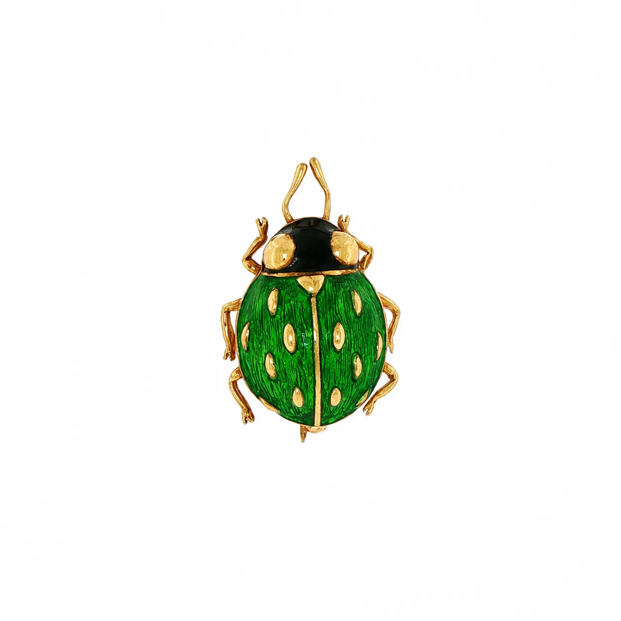 18k Yellow Gold Green and Black Enamel Ladybug Brooch