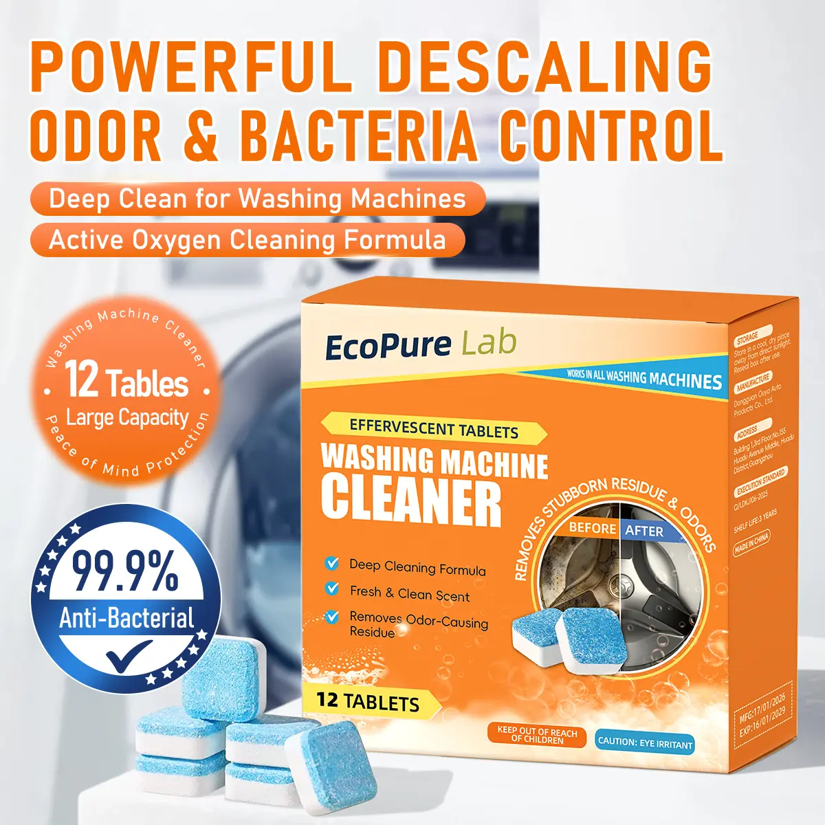 EcoPure Lab Washing Machine Cleaner Descaler Tablets, 1-Pack Household Cleaner for HE Front & Top Load Washers, Septic Safe Deodorizer