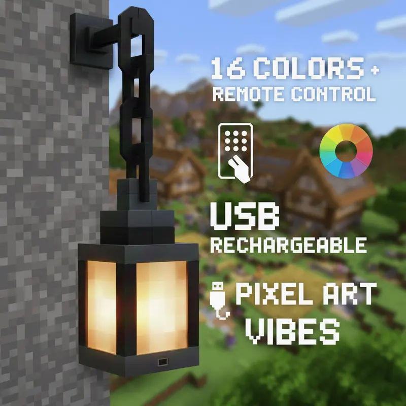 DIYCOM Pixel Minecraft Soul Lantern - 16-Color RGB Rechargeable LED Atmosphere Light, Remote Control, Handmade 3D Geometric Design, 4 Lighting Modes, Gaming Home Accessory, Aesthetic Whimsy House Decor for Bedroom Wall Lamp
