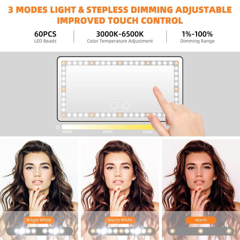 JOYTUTUS Car Sun Visor Vanity Mirror with 3 LED Lights USB Rechargeable 1500mAh Battery Touch-Sensitive Control Dimmable Bicolor Lighting for Enhanced Makeup Routine