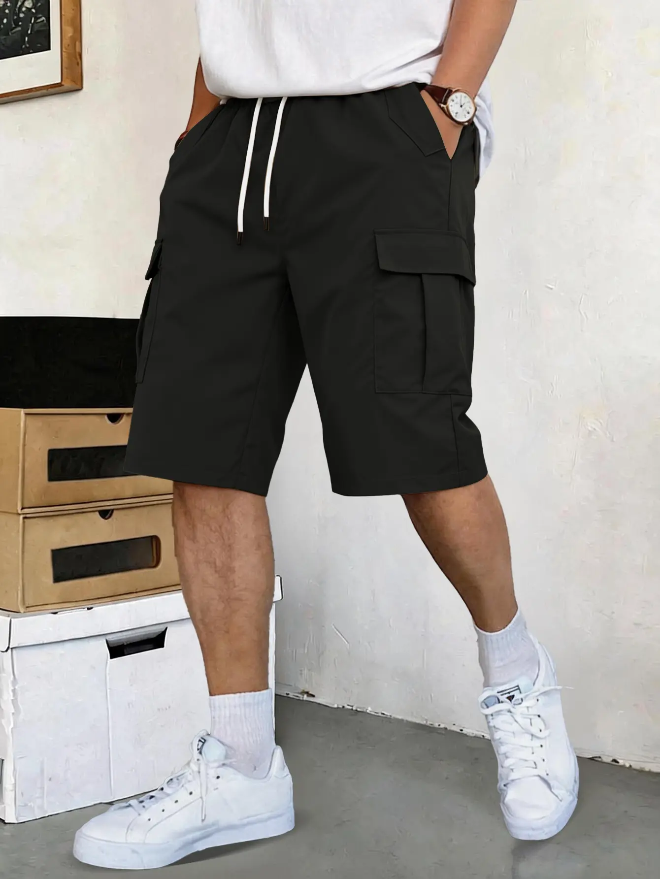 Men’s Stylish Plain Polyester Cargo Shorts - Menswear with Drawstring Elastic Waist, Multiple Pockets, Loose Casual Streetwear Knee-to-Mid-Thigh Design, Black