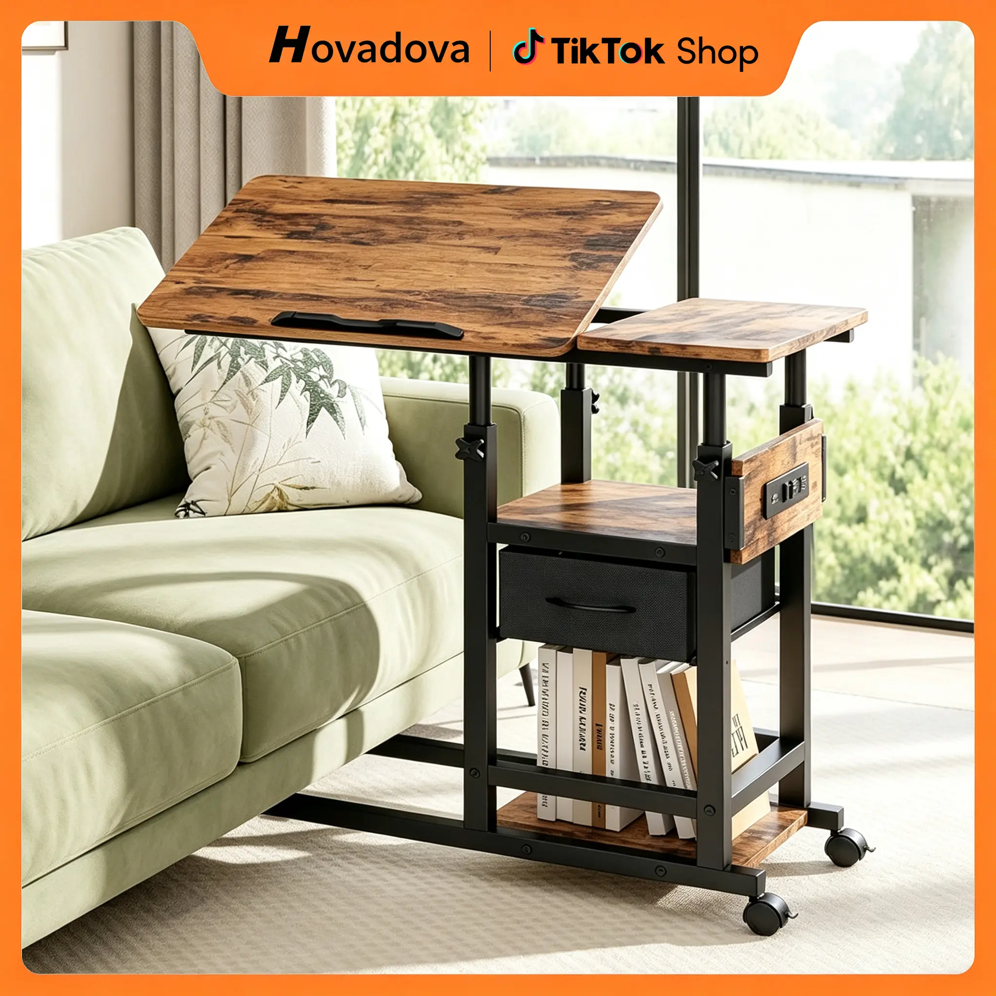Adjustable Overbed Bedside Table with Wheels, Charging Station | Tilting Top, Adjustable Side Table, 2-Tier Storage with Drawer, Over Bed Table, C-Shaped End Table for Beds, Couch