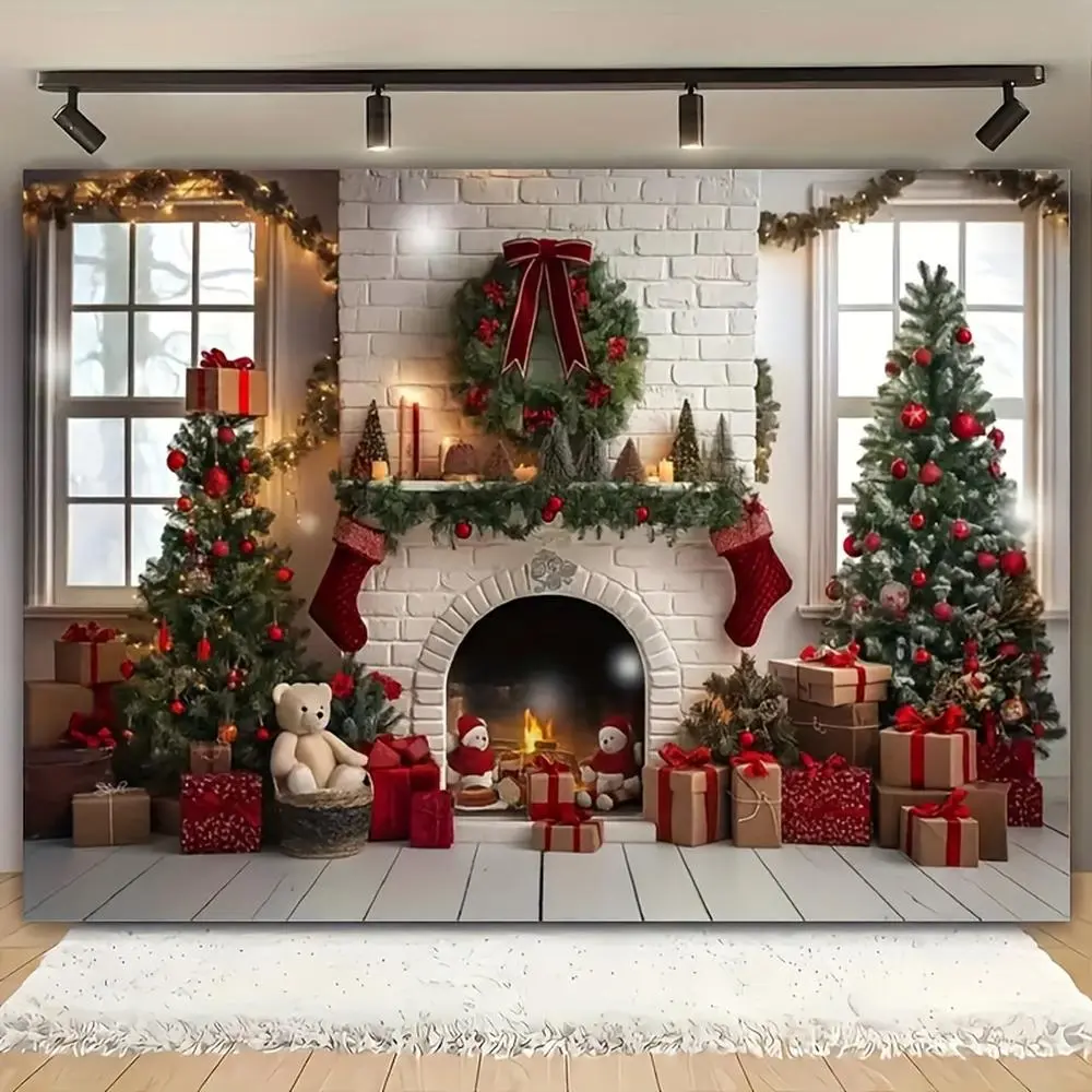 Polyester 2D White Fireplace Photo Backdrop Banner - Festive Party Decoration with Red & Golden Garlands, Classic Mantel, Wreath, Stockings, Christmas Tree, Ornaments, Durable Easy-Setup for Indoor Weddings, Birthday Events