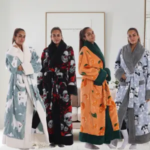 Elegant Coffee Color Leopard Print Flannel Bathrobe, Hooded Waist Belt Pocket, Unisex One Size, Soft Comfortable Homeewear