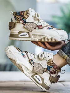 Men's Beige-Brown Bear Print High-Top Sneakers, Sports Shoes, Trendy Cute Casual Style, Cartoon Print + Platform Design + Logo Decor, Eye-Catching Style, Comfortable Fit , Ideal for Daily Commuting & Street Wear Scenarios