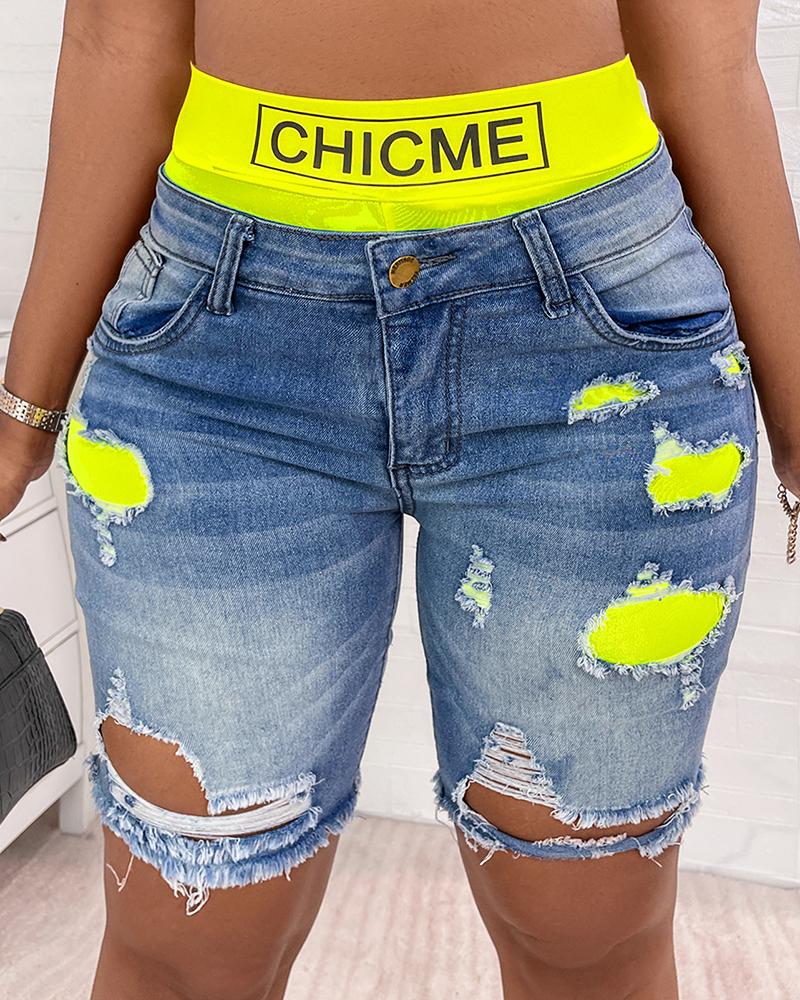ChicMe Women's 2-In-1 Denim Shorts Colorblock Print Ripped Shorts Workout Running Shorts Perfect For Casual Wear Trendy