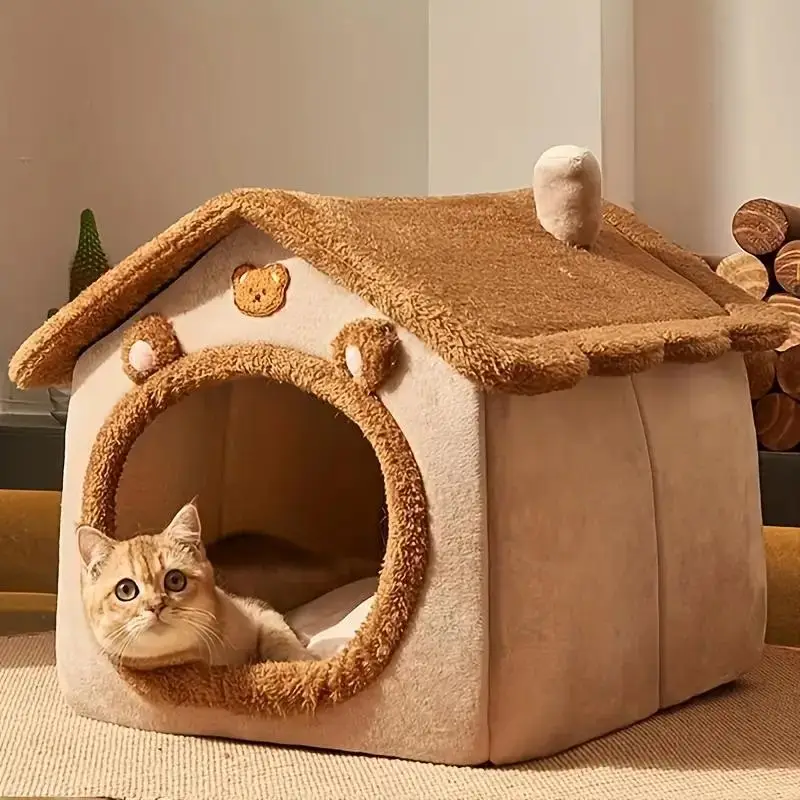 Cute House Design Pet Bed for Spring, Warm Plush Dog & Cat House, Pet Supply for Indoor Outdoor Use, Warm Cat Nest in Winter, Christmas Gift