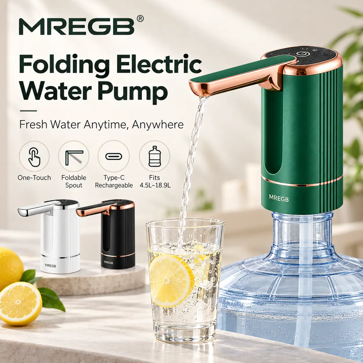 MREGB Portable Electric Water Pump - USB Rechargeable Mini Water Dispenser with 1-Button Operation, Quantitative Output, Foldable Spout, Food-Grade Silicone, Leak-Proof Design for Home Kitchen, Camping, Outdoor Use