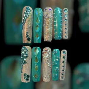 Mermaid 3XL Press Ons - Elegant Nail Art with Colorful Accents, Size Small, Includes Glue & Maintenance Kit, Strong Gel Products Handmade Rhinestone