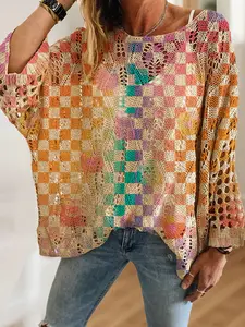 Women's Geometric Plaid Gradient Print Batwing Long Sleeve Knit Hollow Out Short Top, Casual Elegant Vacation Style Sweater, Valentine's Day Fashion