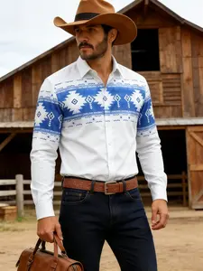 Men's Fashion Western Aztec Pattern Long Sleeve Shirt, Casual Denim Style Button Front, Button Down Shirts, Perfect for Jeans Competition, Parties, Outdoor Adventures
