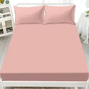 3pc Solid Color Fitted Sheet Set, Bed sheet sets, pink bedding set with 25cm deep pocket, including 1 fitted sheet and 2 pillowcases, available in single, double sizes, suitable for bedrooms, hotels