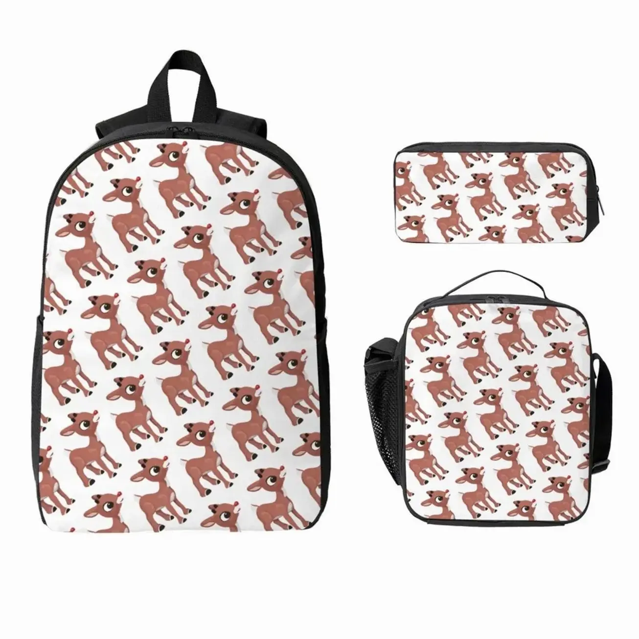 3-Piece Cute Red-Nosed Reindeer Backpack Set for Boys Girls, Cartoon Holiday Deer School Bookbag with Insulated Lunch Bag & Pencil Case