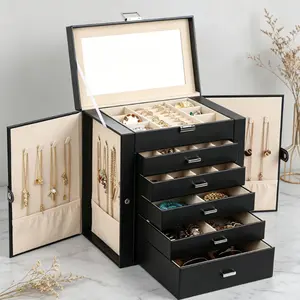 BOOVO Large 6-Layer Jewelry Organizer Box with Lock, Built-In Mirror & Tarnish-Resistant Lining – Double-Sided Door Storage Case, Minimalist Gift for Women