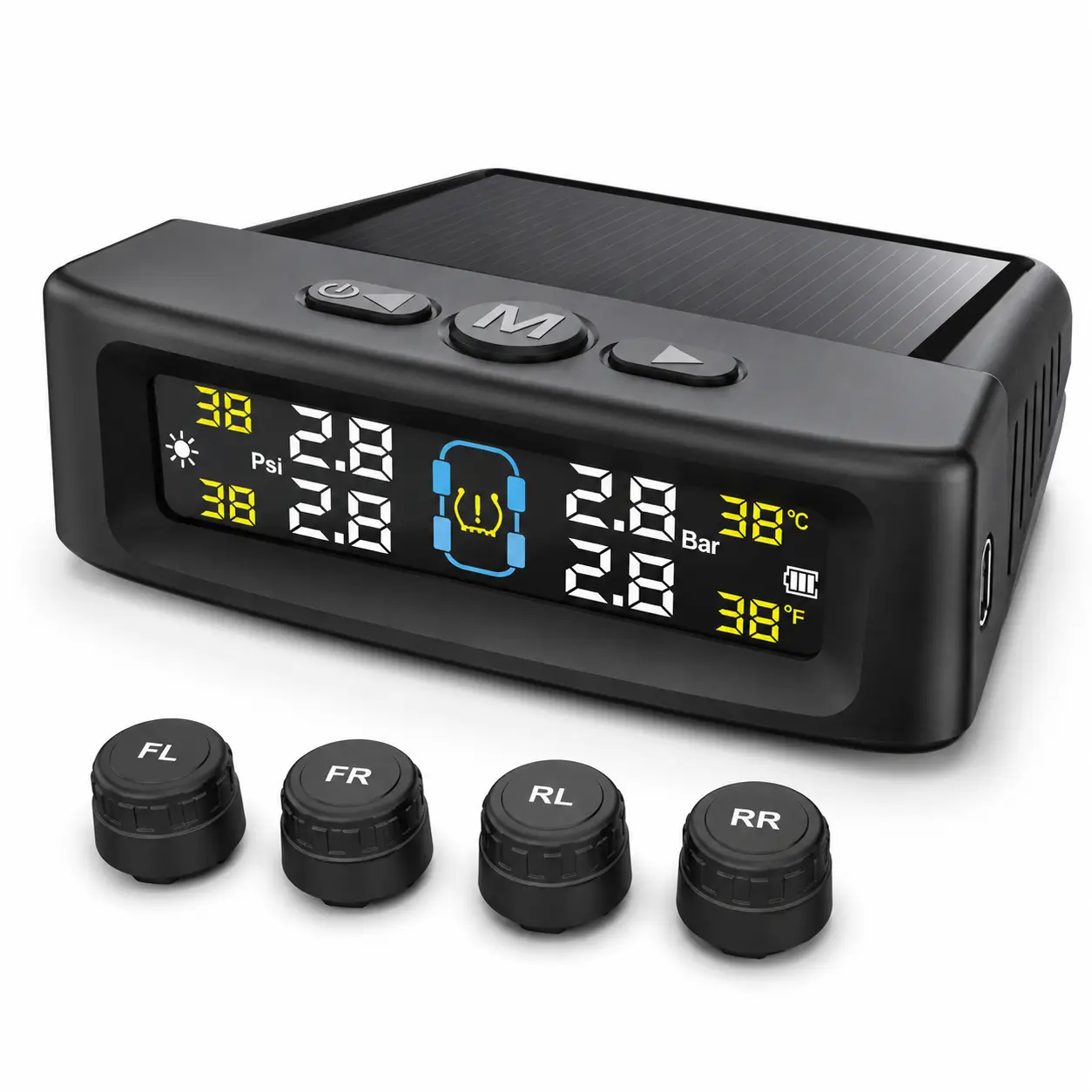 Fyrasol Tire Pressure Monitoring System, 4 External Sensors, 0-99 PSI, Pressure & Temperature, 5 Alarms, Solar USB-C Color LCD for Car SUV RV Trailer