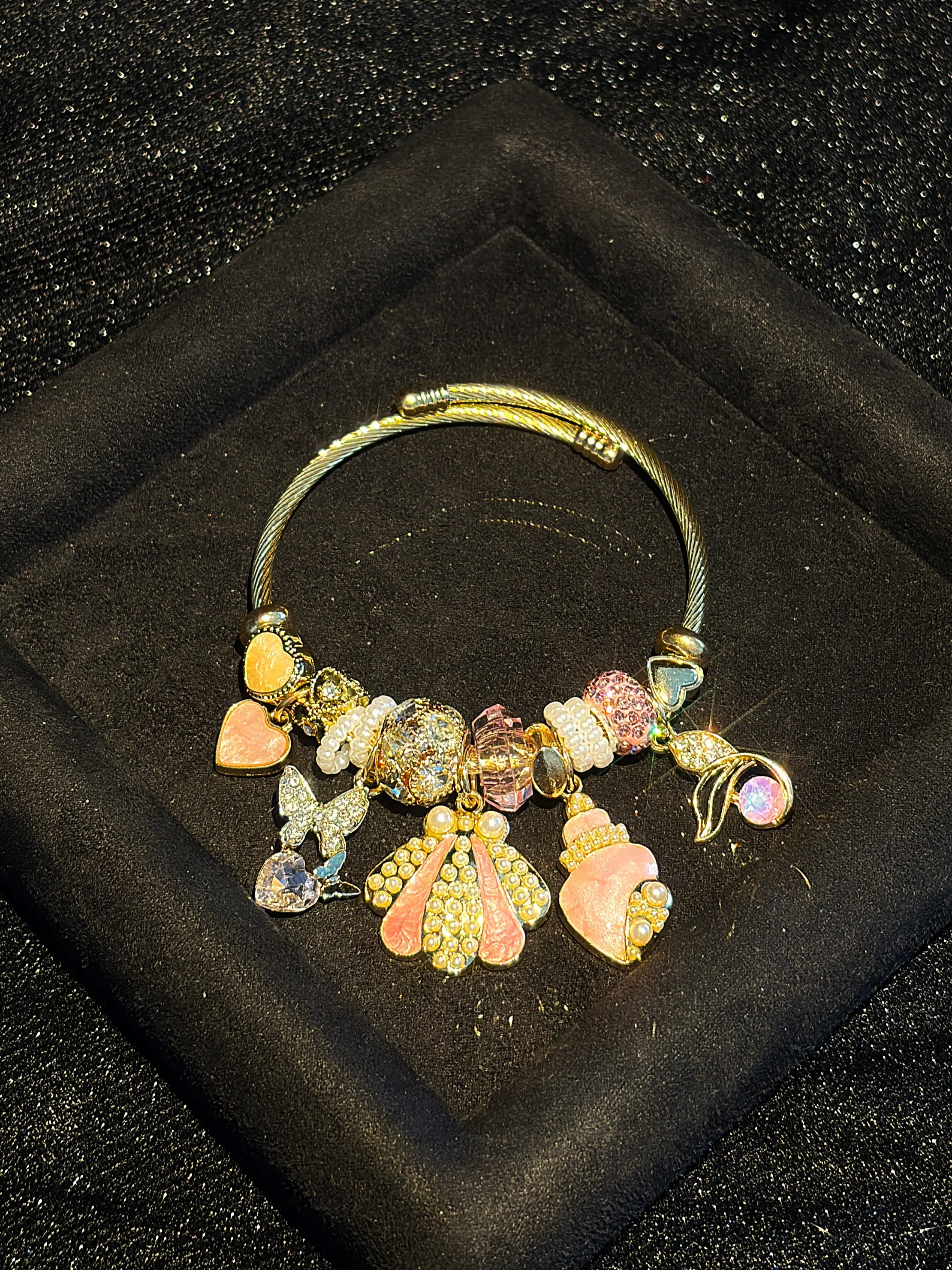 Women's Ocean Shell Charm Bracelet - Enamel Seashell Dangle Charms, Crystal & Pearl Beaded Bangle, Trendy Beach Costume Jewelry Gift for Women
