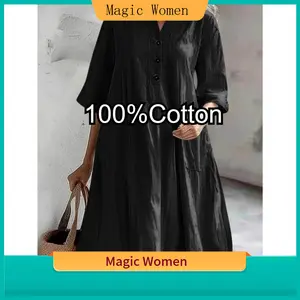 Magic Women Women's Cotton Fabric Summer Casual Dress - Solid Color, V-Neck, Short-Sleeved, Button Detail, Pocket, Pull-Over, Loose Fit, Elegant for Casual Occasions, Holidays