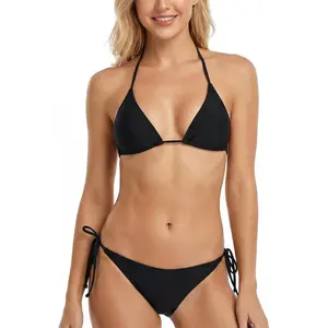 Sports & Outdoors Sports & Outdoors ElevateTech Bikini Sets for Women Two Piece Triangle Bikini Swimsuits Halter String Bathing Suits Cheeky Halter Top with Tie Side Bottom Swimwear, Black, No Bra Pads Style