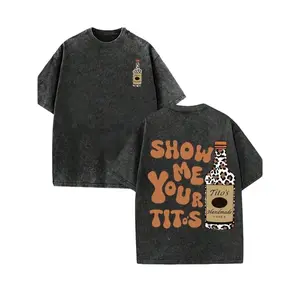 Leopard Print Elements, SHOW ME YOU TITOS Humorous Text Memes, Men's Washed Double-Sided Printed Vintage T-Shirt, Women's Machine Washable And Washable Old T-Shirt,Durable And Comfortable Fabric, Street Fashion Sense,Suitable For Daily Commuting