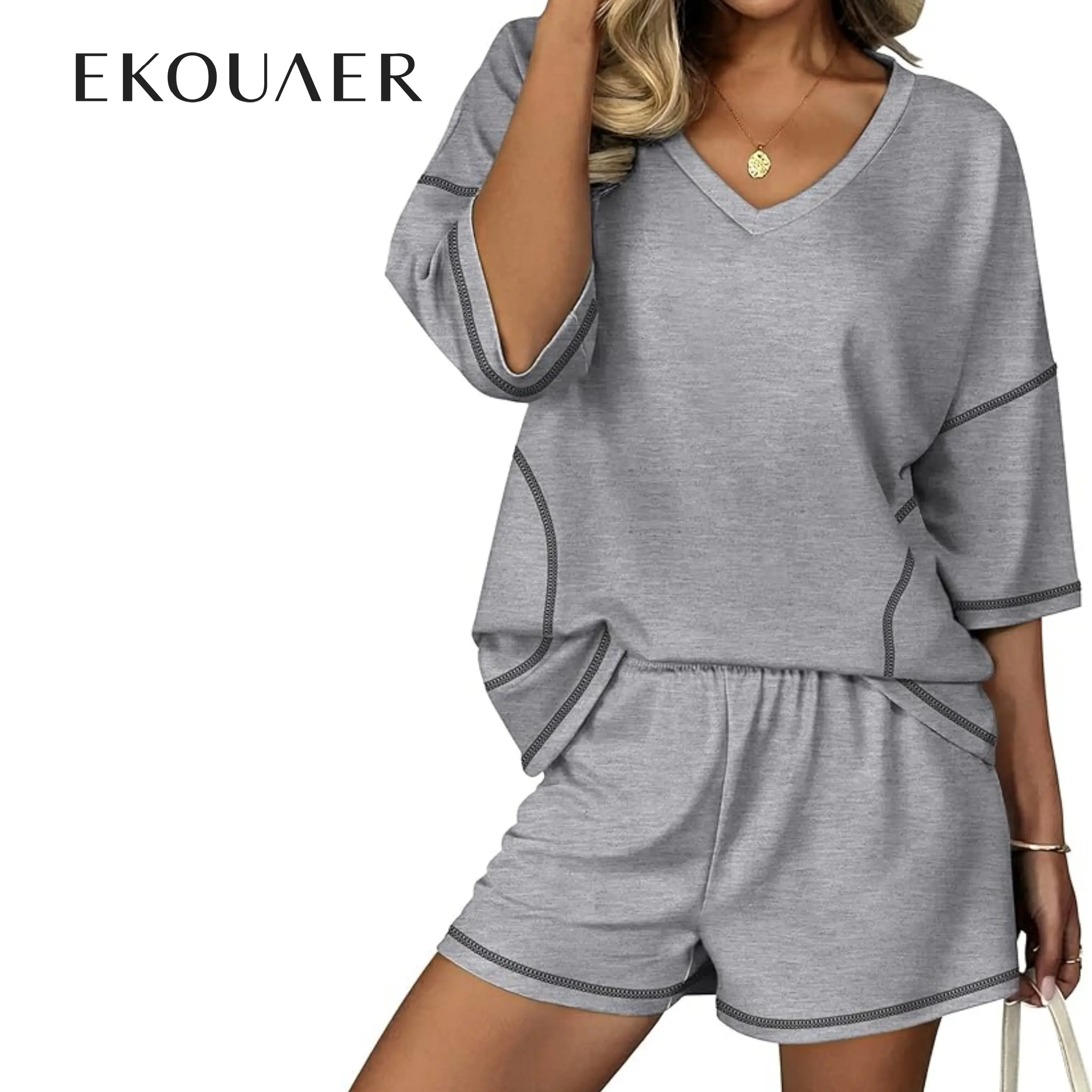 Ekouaer Two Piece Sets for Women Summer Lounge Sets 2026 Striped Shirts and Shorts Set Oversized Matching Outfit