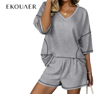Ekouaer Two Piece Sets for Women Summer Lounge Sets 2026 Striped Shirts and Shorts Set Oversized Matching Outfit
