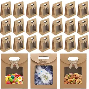 24 Pack Paper Gift Bags, 16x12x6 Cm Kraft Bags with Handles, Ideal for Party Favors, Treats, and Cookies, Clear Display Packaging Solution