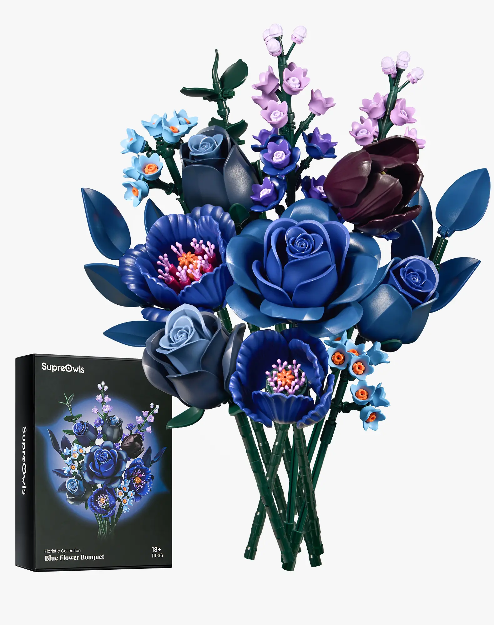 SupreOwls Elegant Blue Rose Flower Building Set, Artificial Flowers Botanical Collection Kit for Adults Women & Men – Mother's Day Gift, Valentine's Day Gift, Home Room Office Shelf Centerpieces Decor
