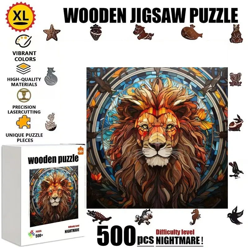 500 Piece Wooden Puzzle Lion Pattern Unique Irregular Shapes Durable Home Entertainment Relaxing Activity Perfect Home Decor Fantasy Style