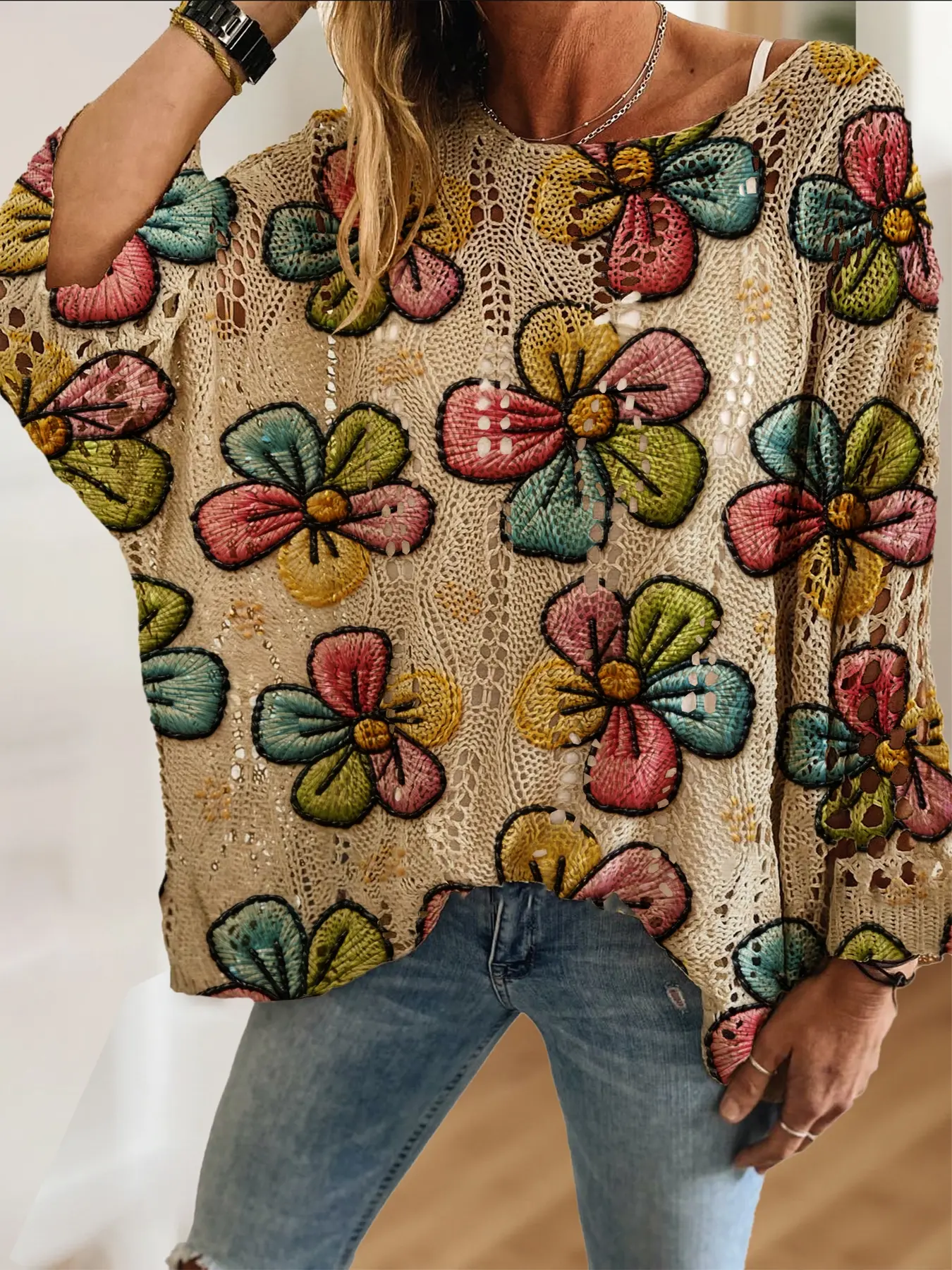 Women's Embroidered Floral Print Knit Top, Casual Elegant Vacation Style, Comfortable Breathable Loose Fit, Batwing Shoulder Design