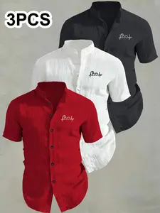 3-Pack Men's Summer Short Sleeve Shirts, Classic Breathable Solid Collar Button-Up, Ideal for Beach Pool, Casual Swimwear, Perfect for Summer Top