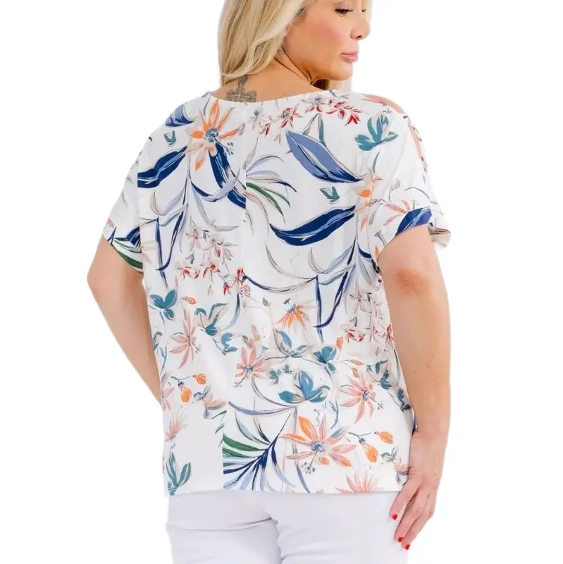 Tropical print, Peak a-boo shoulder blouse. Curve Fabulous Line.