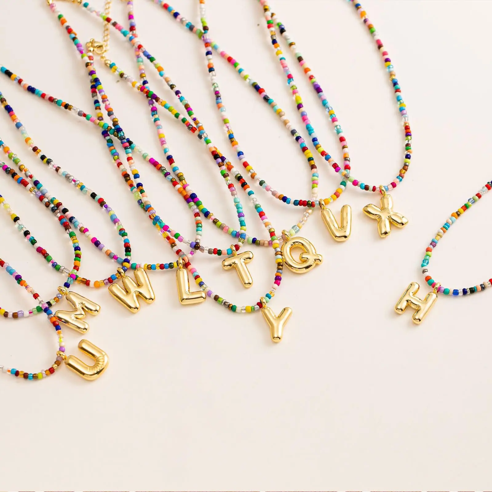 Colorful Beaded Necklace with Custom Initial Pendant, Handmade Stainless Steel Fashion Chain for Women, Delicate Gift 18-20 in, Custom Initial Necklace, Decorative Beaded Necklaces