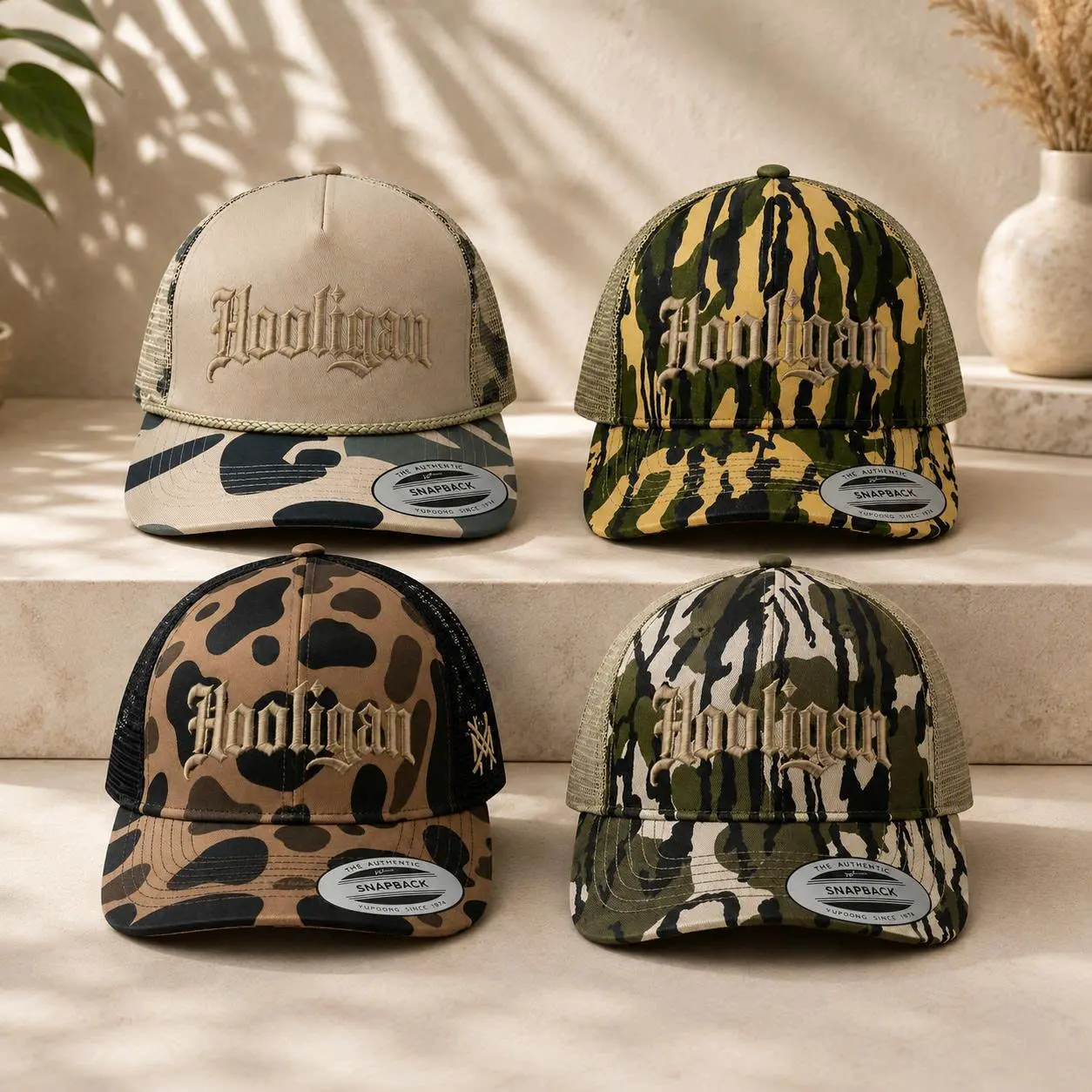 Hooligan Embroidered Trucker Hat, Vintage Gothic Lettering Camo Baseball Cap, Retro Mesh Snapback Hat for Men & Women