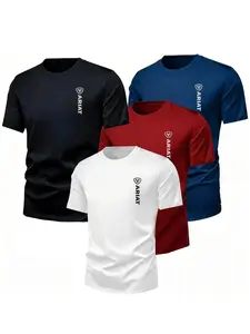 Men's Short Sleeve T-Shirt, Shield Logo Letter Print, American Western Style, Breathable Cotton Feel, Casual Fitted Top, Round Neck