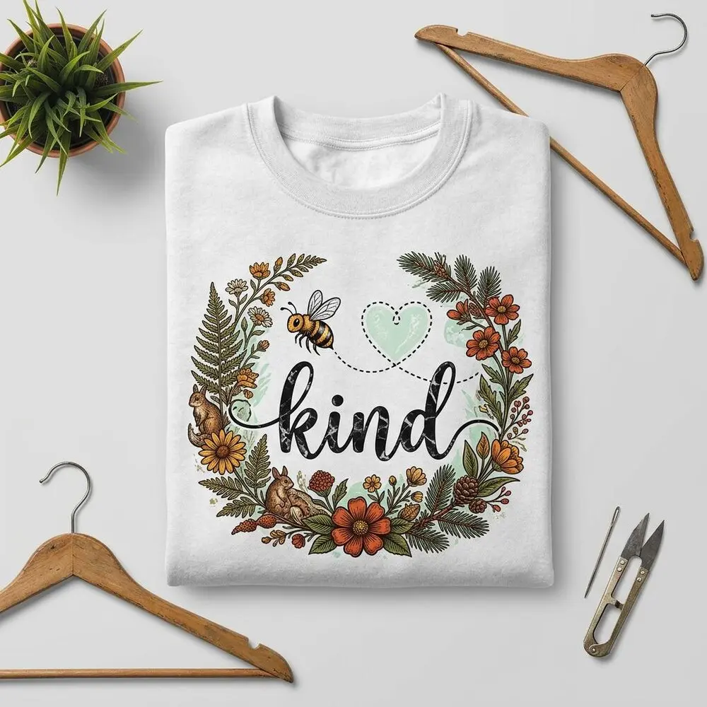 Women's Botanical Bee Sweatshirt, Crew Neck Cotton Blend Pullover with Digital Print, Casual Nature Inspired Tops, Fitted, Long Sleeve, Polyester, Clothes, Botanical Bee Graphic, All Seasons, Do Not Dry Clean, Hand Wash Only, Pull On, Round Neck, Fitted C