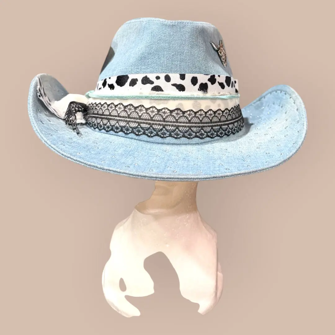 The Blue Belle – Light Denim Western Hat with Cow Print &amp; Feather Detail