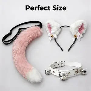 Cute Cat Girl Hairband with Animal Ears and Tail Set, Handmade Cosplay Accessory, Halloween Party Decoration, 1 Piece Set