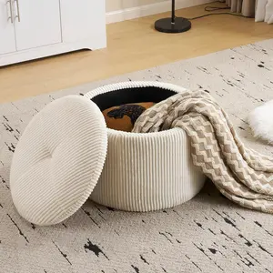 Modern Round Storage Ottoman with Reversible Tray Lid Chenille Ottoman Foot Stools Corduroy Beige 3-in-1 Multi-Functional Design for Living Room Bedroom