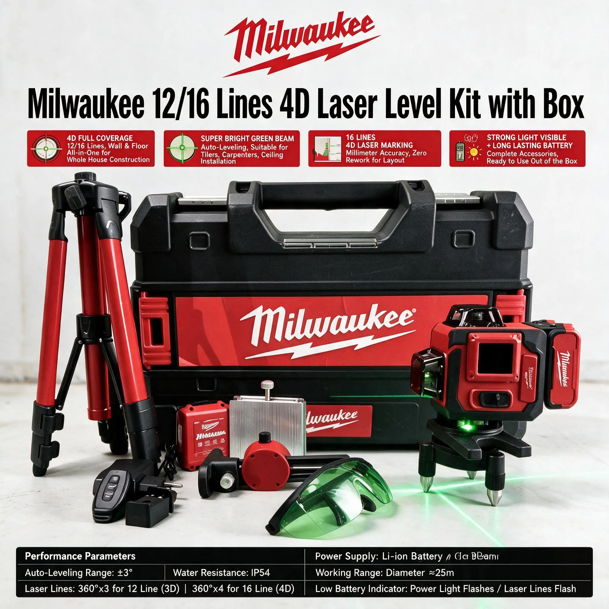 Milwaukee 12/16 Line 4D Green Laser Level Kit With Tripod & Hard Storage Case, IP54 Auto Leveling Laser Tool For Tiling, Ceiling Work & Home Construction, Ample Global Inventory Delivers Fast Local Shipping For Contractors And DIY Renovators