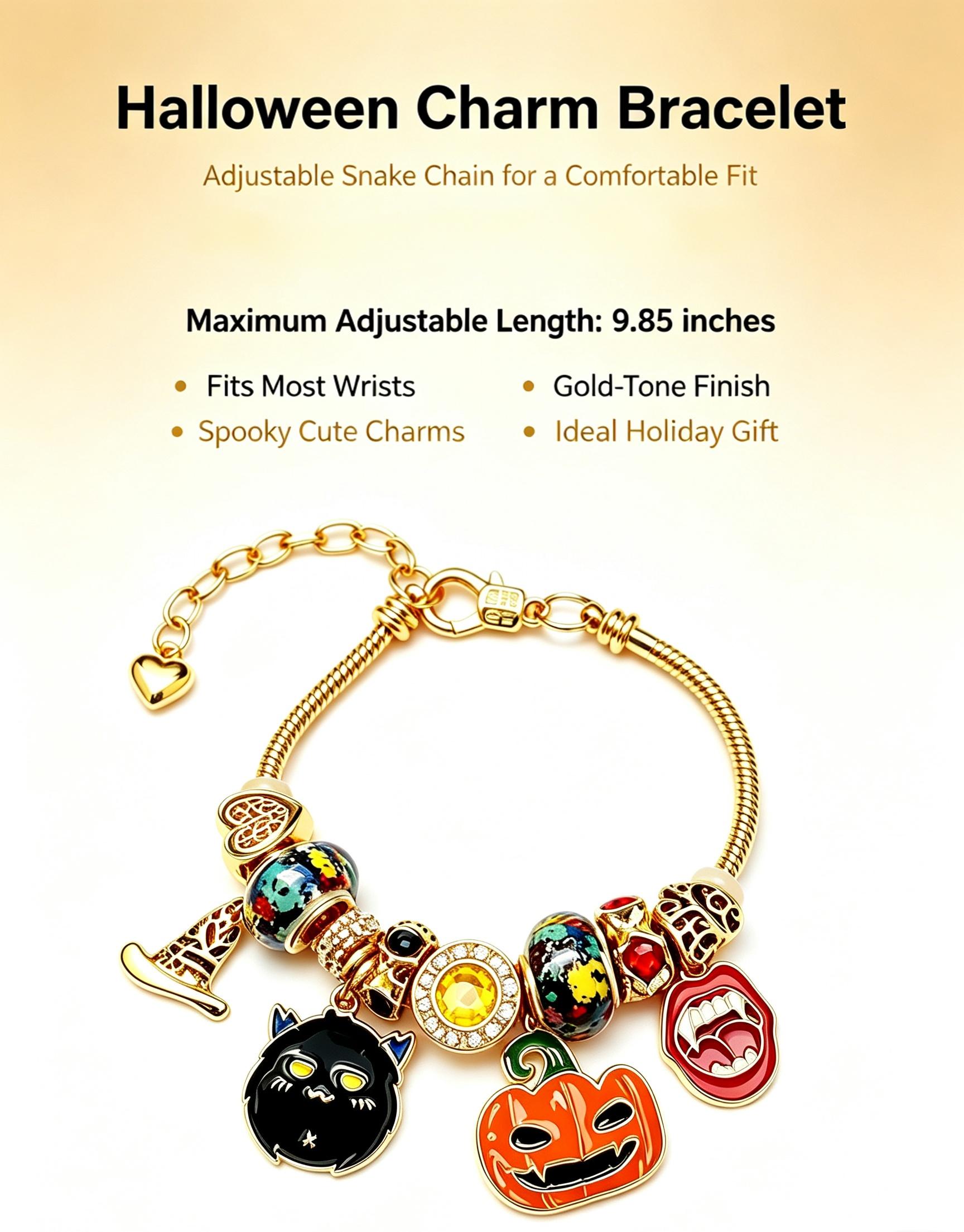 Halloween Charm Bracelet, Gold-Tone Adjustable Snake Chain Bracelet with Pumpkin, Black Devil Cat, Vampire Fangs & Witch Hat Charms, Spooky Cute Halloween Jewelry Gift for Women Girls