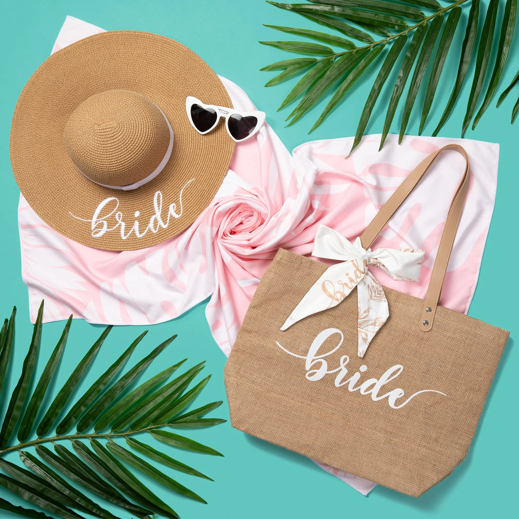 5 pc Bride Beach Bag Honeymoon Gift, Bachelorette Gifts for Bride, Bride to be Gifts, Bride Straw Sun Hat, Beach Tote, Microfiber Towel, Silk Scarf, Sunglasses, Bridal Shower Gift Set