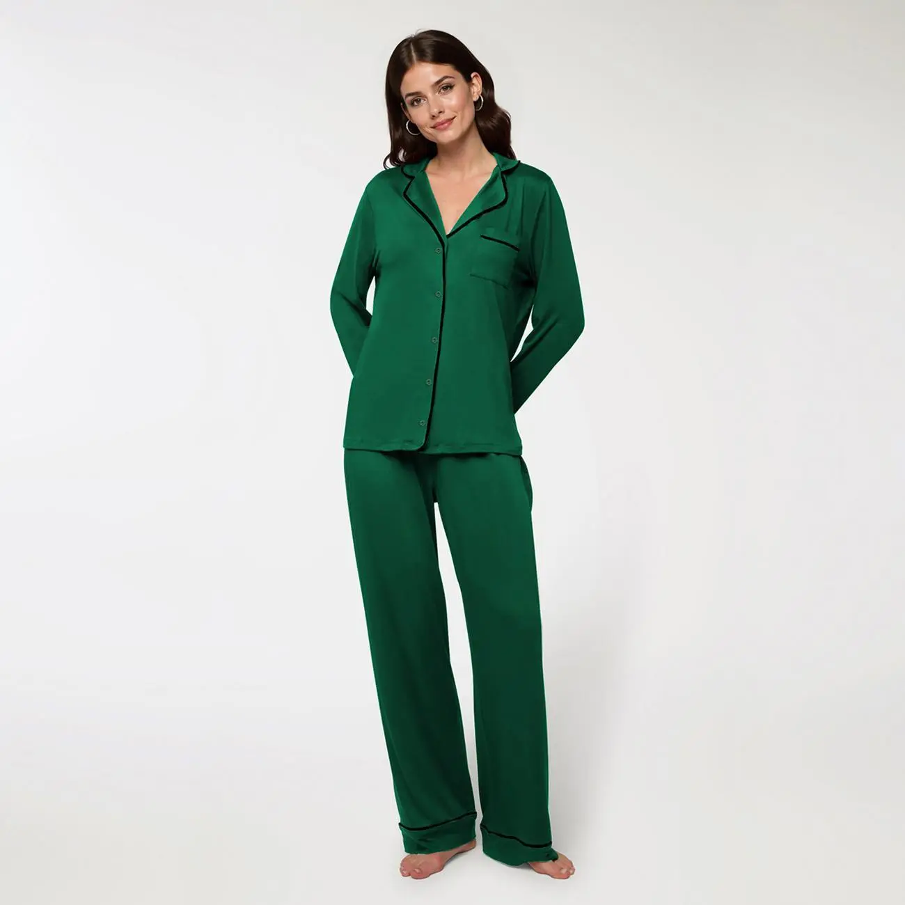 トップス lessix PAJAMA SHIRT LUMENNEST Women's Basic Color Matching Trim Button-Up Long Sleeve