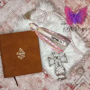 Breast Cancer Awareness Bible Tassel - Gold Cross Design on Brown Cover with Beads and Prayer Beads