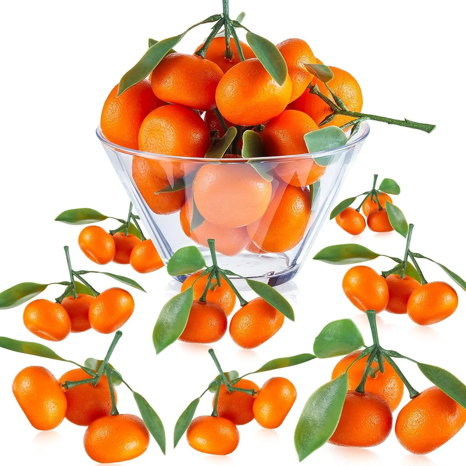 WILLBOND 10 Mini Clusters Foam Artificial Oranges - Realistic Look Decorative Tangerines, Tray Set for Home Kitchen Party Festival Decor