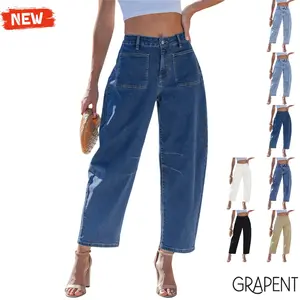 【GRAPENT Barrel Jeans Collection】Utility Pocket Barrel Jeans for Women Trendy  High Waisted Cropped Wide Leg Pants Patch Pocket Design Mega Stretch Relaxed Everyday Wear