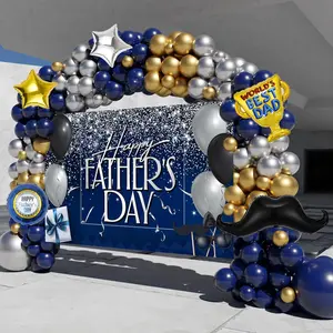 Fathers Day Decorations, 141PCS Fathers Day Balloon Garland Arch Kit with Large Happy Father’S Day Backdrop Banner, Navy Blue Silver Gold Balloon Garland,Happy Father’S Day Decorations for Party KaKanParty