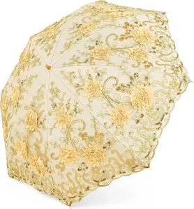 Lace Parasol Ultraviolet-Folding Umbrella UPF50+ Vintage Flower Embroidery Umbrella for Wedding and Photo Shooting