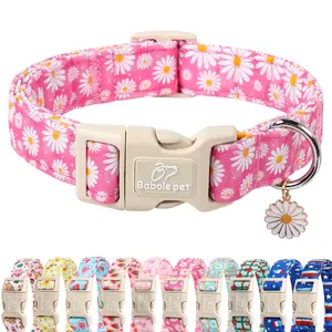Summer Daisy Dog Collar, Cute Floral Adjustable Pink Dog Collars for Puppy Small Dogs, Lightweight Quick-Release Buckle Collar for Boy&Girl Dogs