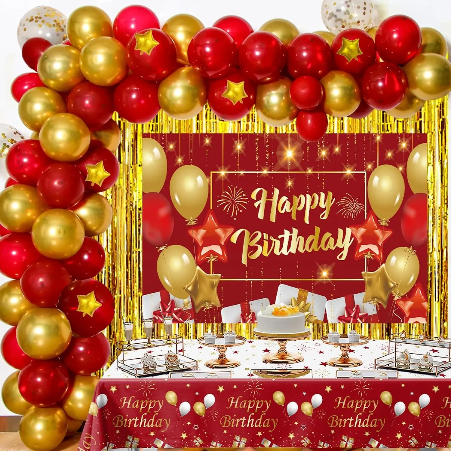 72 Pcs Red Gold Birthday Decoration Set with Balloons Banner Backdrop Tablecloth
