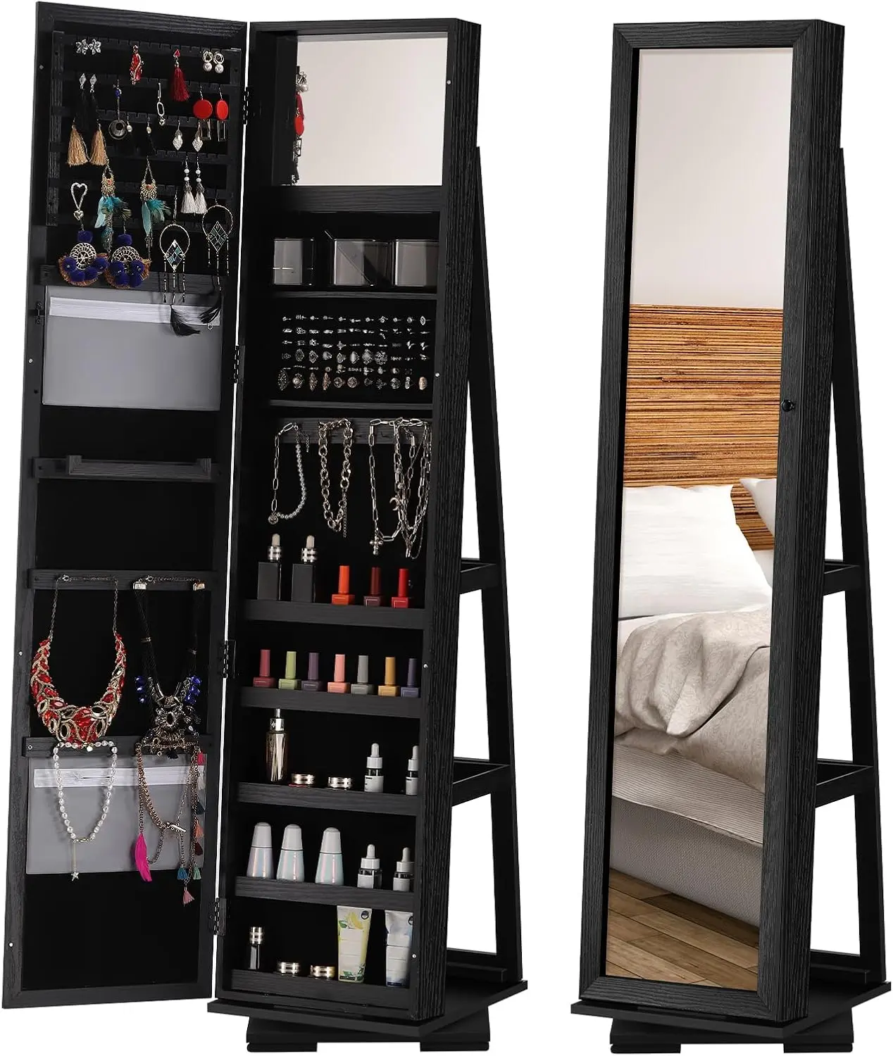 Vintage Narrow Width Floor Standing Jewelry Cabinet with Full-Length Cheval Mirror, Lockable Wood Grain Metal Armoire, Multi-Compartment Anti-Wobble Base, Dustproof Waterproof Vertical Jewelry Organization Storage for Bedroom, Entryway, Compartments